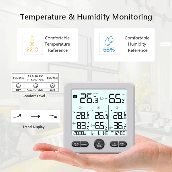 Digitális vezetéknélküli beltéri termo-higrométer hőmérséklet páratartalom figyelő 3 távérzékelővel - Fehér