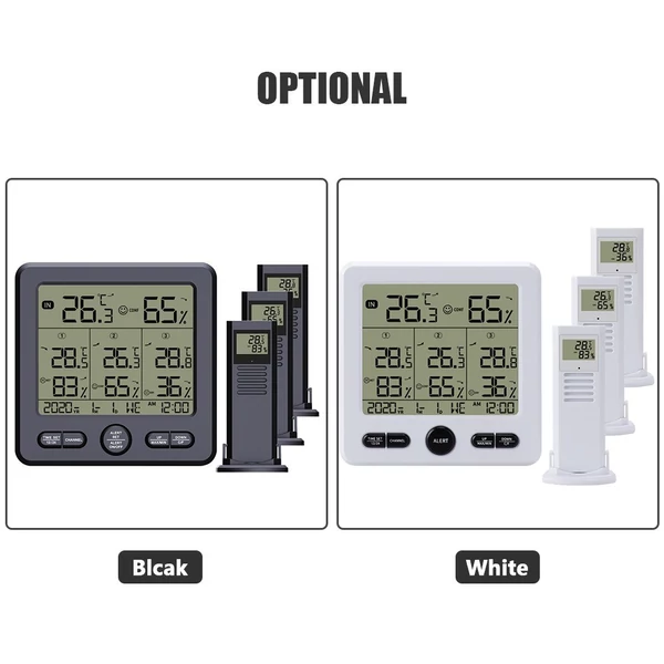 Digitális vezetéknélküli beltéri termo-higrométer hőmérséklet páratartalom figyelő 3 távérzékelővel - Fehér