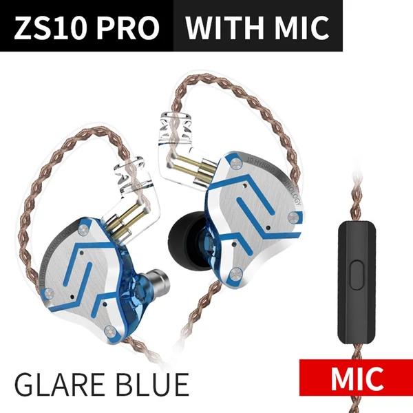 KZ ZS10 Pro 3,5 mm-es vezetékes, fülbe helyezhető 1DD+4BA hibrid hifi sportfejhallgató 2 tűs levehető kábel (mikrofonnal) - Csillogó kék