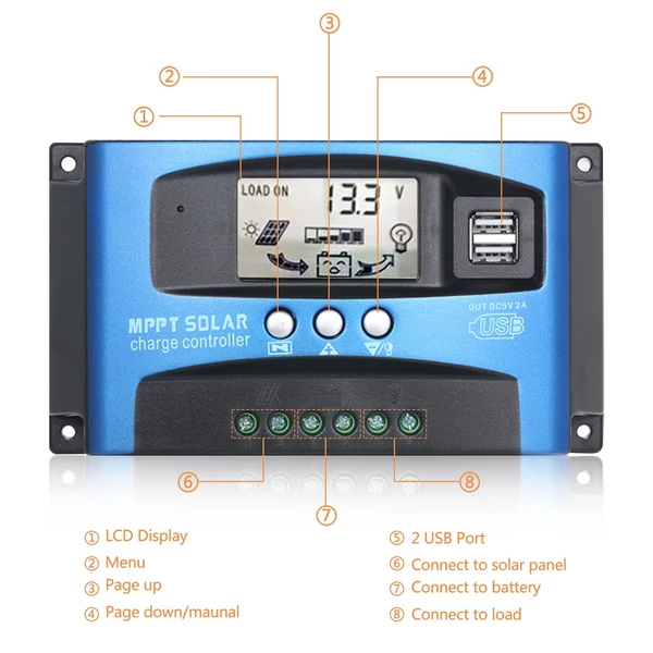 MPPT napelemes töltésvezérlő Dual USB LCD kijelző automatikus napelem cella panel töltés - 40A