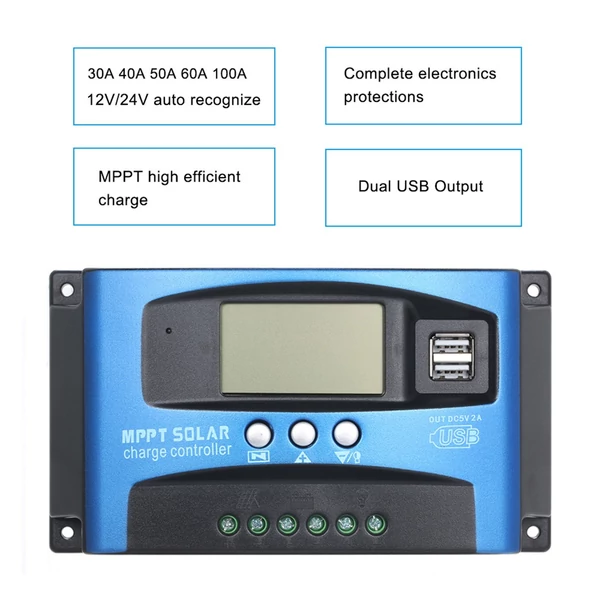 MPPT napelemes töltésvezérlő Dual USB LCD kijelző automatikus napelem cella panel töltés - 40A