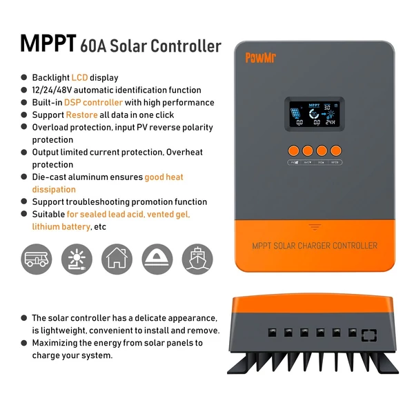 MPPT 60A napelemes töltés és kisütés vezérlő 12/24/36/48V DC160V bemeneti napelem vezérlő LCD kijelzővel lezárt ólomsav gél és lítium akkumulátorokhoz