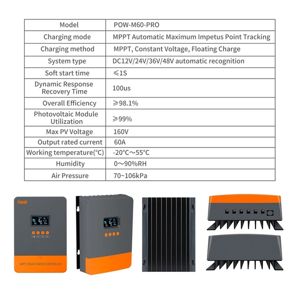 MPPT 60A napelemes töltés és kisütés vezérlő 12/24/36/48V DC160V bemeneti napelem vezérlő LCD kijelzővel lezárt ólomsav gél és lítium akkumulátorokhoz