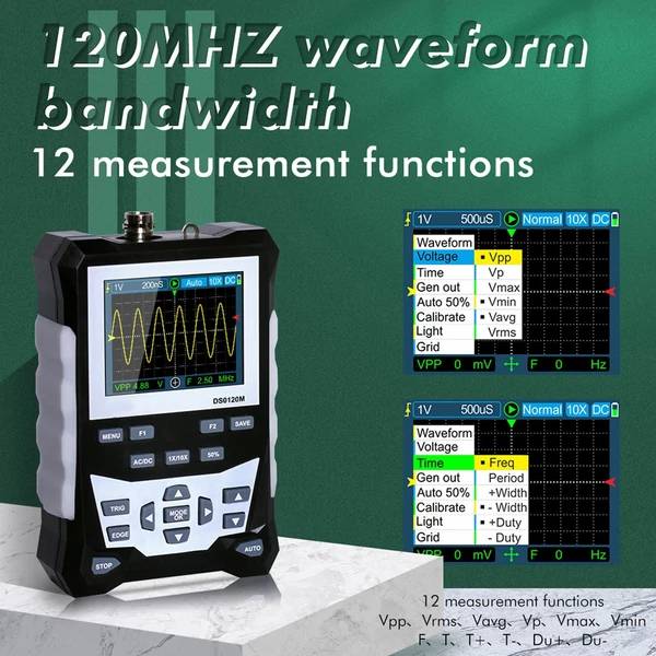 KKmoon DS0120M 320x240 nagy felbontású 2,4 hüvelykes TFT színes képernyő digitális oszcilloszkóp 120 MHz sávszélesség 500 MSa/s mintavételezési sebességű professzionális eszköz háttérvilágítású hullámforma tárolóval