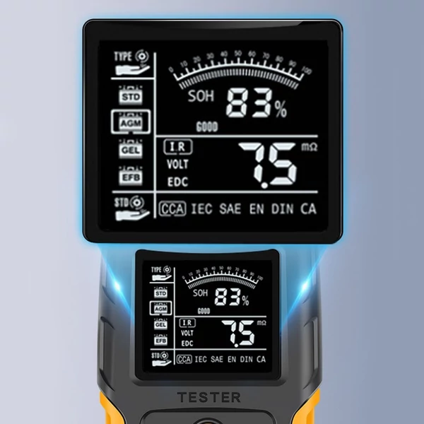 LCD digitális 12V/24V autó akkumulátor analizátor autós töltés diagnosztikai eszköz SOH SOC CCA IR mérés autókhoz, teherautókhoz, motorkerékpárokhoz