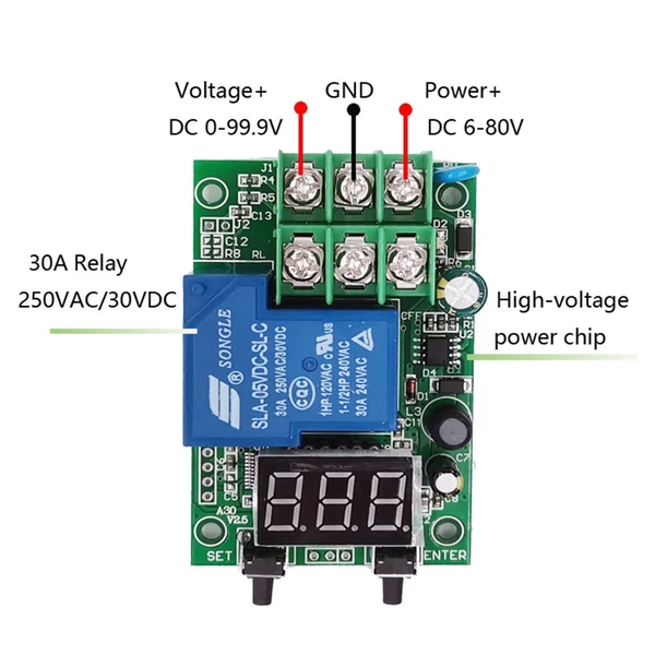 KKmoon DC 6~80V feszültségfigyelő relé időkésleltetett töltés kisütés vezérlő modul Túlfeszültség túlfeszültség védelem 4 üzemmóddal, feszültségszabályozás időzítővel