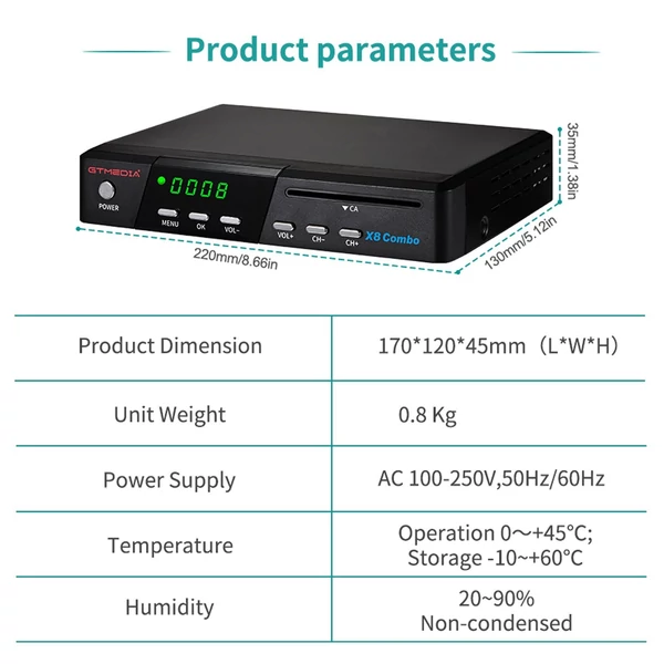 GTMedia X8 COMBO HD digitális TV-vevő WiFi DVB-S/S2/S2X H.265 támogatással Multi-stream/T2-MI CA KÁRTYA