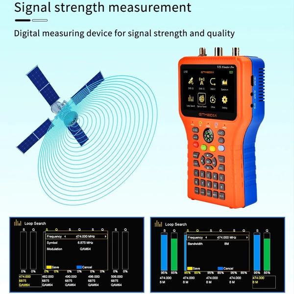 GTMEDIA V8 Finder Pro TV jelkereső mérő DVB-S/S2/S2X/T/T2/C jelvevő 4,3 hüvelykes LCD kijelző H.265 automatikus szögszámítás 4000 mAh akkumulátor