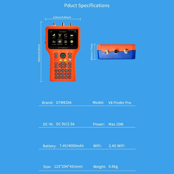 GTMEDIA V8 Finder Pro TV jelkereső mérő DVB-S/S2/S2X/T/T2/C jelvevő 4,3 hüvelykes LCD kijelző H.265 automatikus szögszámítás 4000 mAh akkumulátor