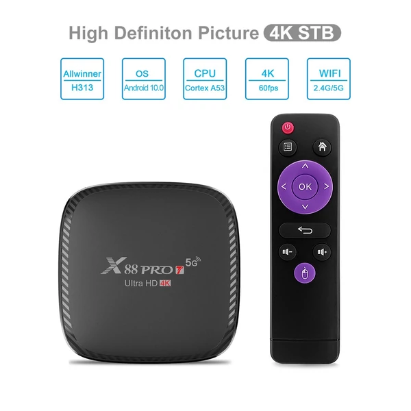 X88 PRO T Android 10.0 Smart TV Box UHD 4K Media Player Allwinner H313 Négymagos H.265 VP9 2.4G/5G Kétsávos WiFi 100M LAN távirányítóval - 2GB+16GB