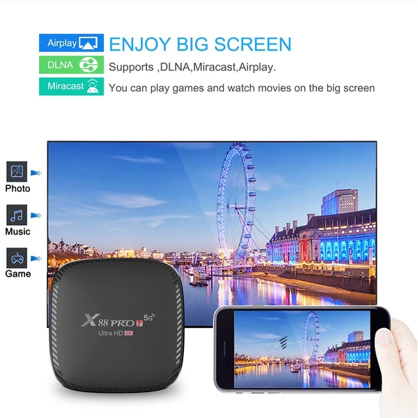 X88 PRO T Android 10.0 Smart TV Box UHD 4K Media Player Allwinner H313 Négymagos H.265 VP9 2.4G/5G Kétsávos WiFi 100M LAN távirányítóval - 2GB+16GB