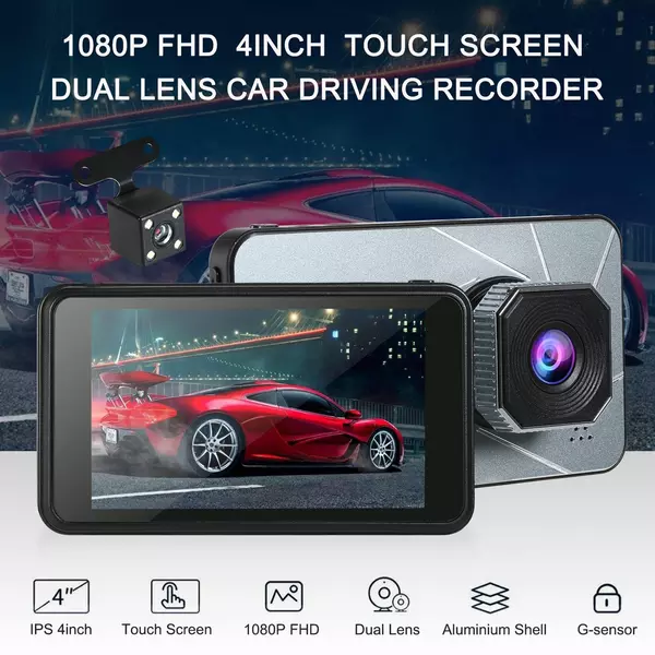 1080P FHD autós DVR 4 hüvelykes Dash Cam autós vezetésrögzítő, kétlencsés hurokciklusú rögzítő G-szenzoros mozgásérzékelő parkolófigyelő