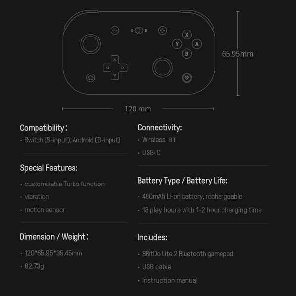 8BitDo Lite 2 BT játékvezérlő Nintendo Switch Lite-hoz - Zöld