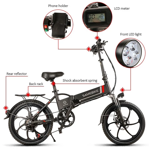 Samebike 20LVXD30 elektromos kerékpár 48V 350W 10.4AH akkumulátor Max sebesség 35km/h - Fekete