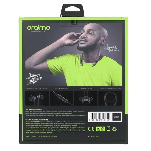 Oraimo Shark 2 Sport BT5.0 vezeték nélküli, fülbe helyezhető sportfejhallgató - Fekete