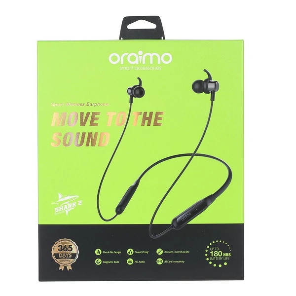 Oraimo Shark 2 Sport BT5.0 vezeték nélküli, fülbe helyezhető sportfejhallgató - Fekete