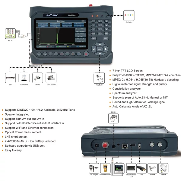 ST-6986 DVB-S/S2/T/T2/C műholdkereső kombinált műholdas TV jelkereső HEVC H.265 (10 bites) MPEG-4 7 hüvelykes TFT LCD-vel