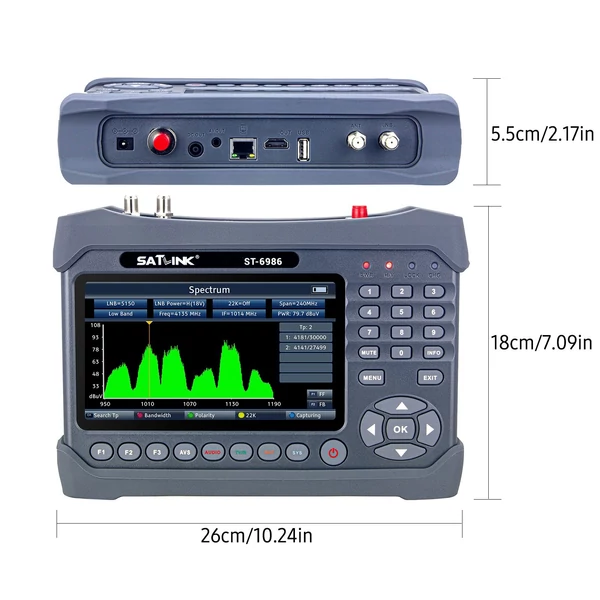 ST-6986 DVB-S/S2/T/T2/C műholdkereső kombinált műholdas TV jelkereső HEVC H.265 (10 bites) MPEG-4 7 hüvelykes TFT LCD-vel