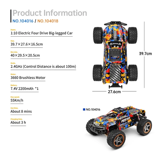 WLtoys 104016 1/10 2,4 GHz 4WD 55 km/h terepjáró teherautók kefe nélküli motor