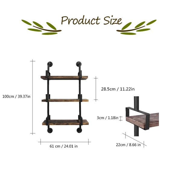 iKayaa 3 szintes rusztikus ipari vascsöves fali polc fa deszkával, könyvespolc fürdőszoba, konyha számára