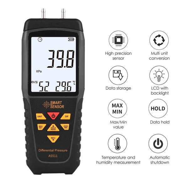 SMART SENSOR digitális nyomáskülönbség-mérő -39,98-39,98 KPA manométeres kétportos levegőgáznyomás-mérő - AS511