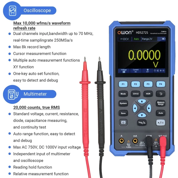 OWON 3 az 1-ben kézi digitális oszcilloszkóp, multiméter HDS272S 2CH 70MHz sávszélesség