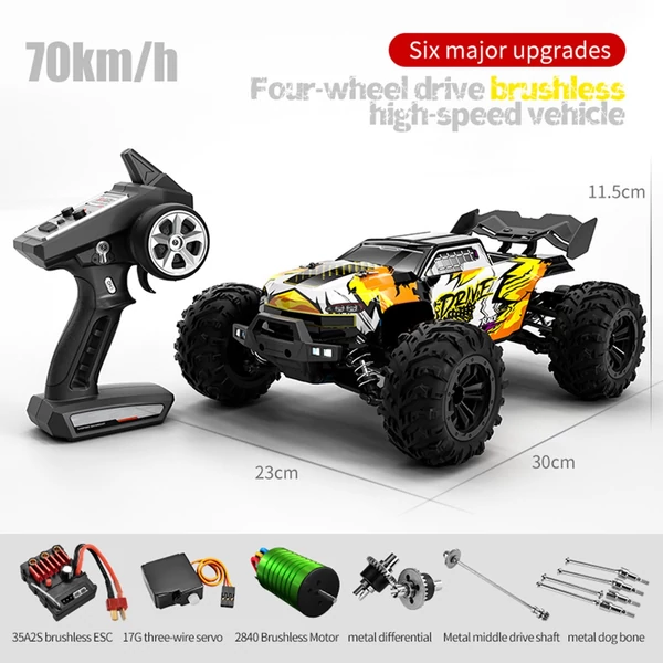 2,4 Ghz 70 km/h 1/16 RC teherautó kefe nélküli motoros LED lámpa 4WD mászóautó, Narancs, 2 akkumulátor