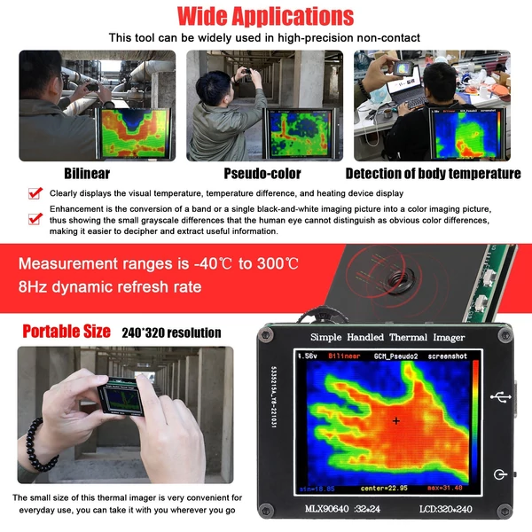 Infravörös érzékelős, egyszerű kézi hőkamera, 2,0 hüvelykes LCD kijelző, tiszta felbontású képalkotó kamera -40 ℃ és 300 ℃ közötti hőmérsékletmérő műszer