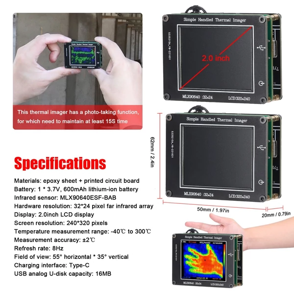 Infravörös érzékelős, egyszerű kézi hőkamera, 2,0 hüvelykes LCD kijelző, tiszta felbontású képalkotó kamera -40 ℃ és 300 ℃ közötti hőmérsékletmérő műszer