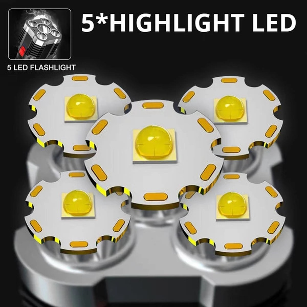 5 LED-es zseblámpa High Lumen USB Újratölthető oldalsó lámpával - Fekete