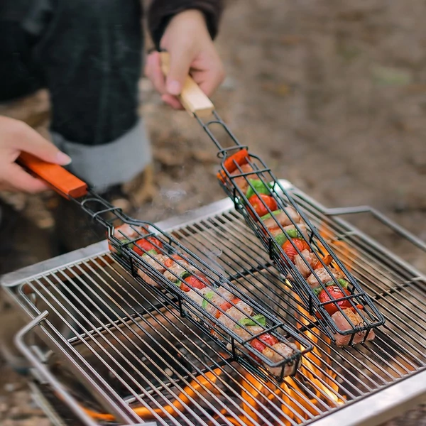 Kamping BBQ grillkosár fa fogantyúval hússütéshez - Piros