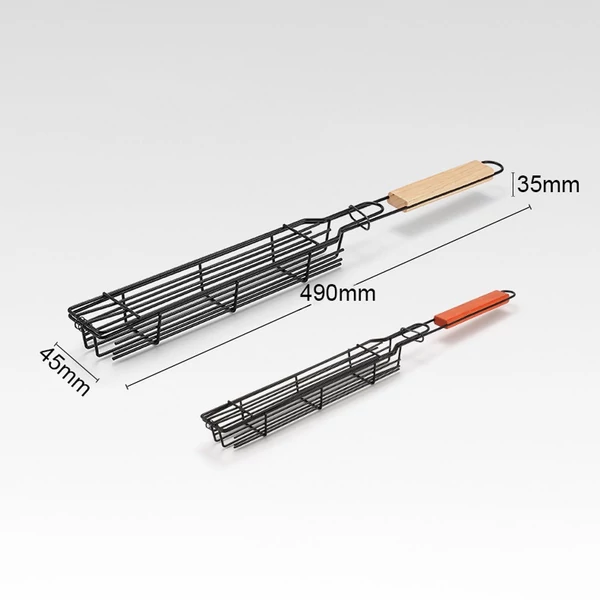 Kamping BBQ grillkosár fa fogantyúval hússütéshez - Fa