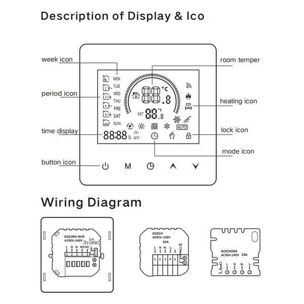 K2RH3A-Wifi Hőmérséklet-szabályozó LCD érintőképernyő, heti programozható beállítás gyermekbiztonsági zárral (vízmelegítés/bojler) - Tuya Wifi