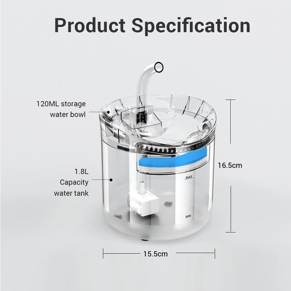 Szökőkút vízadagoló 1,8 literes szuper csendes, automata kisállat ivókút, átlátszó kivitel