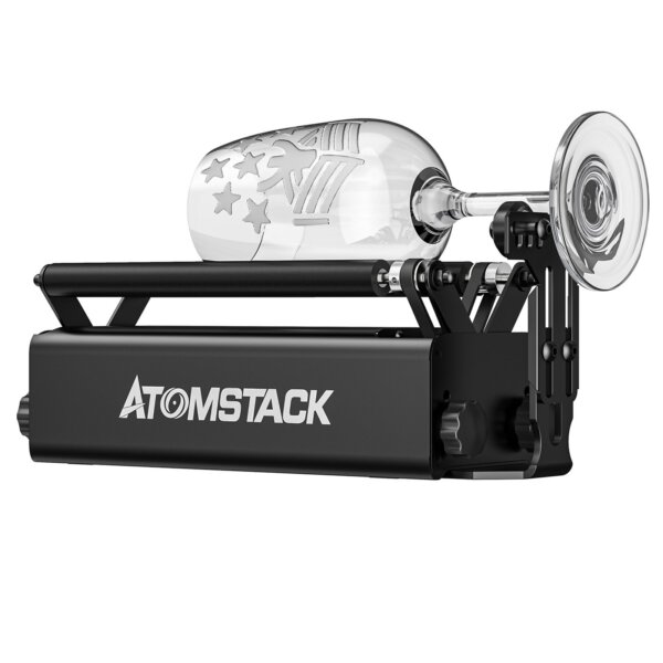 ATOMSTACK R3 PRO görgő hengeres, szabálytalan tárgyakhoz, 360°-ban forgatható gravírozási tengellyel, 8-as szögbeállításokkal, támasztókeret-gravírozási átmérő 4 mm-ig. Kompatibilis a lézeres gravírozógépek 95%-ával