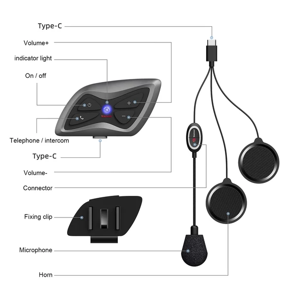 Teleheer T6 Plus motoros sisak Intercom BT5.1 vízálló IP65 kihangosítotó Full Duplex - Fekete, 2 db