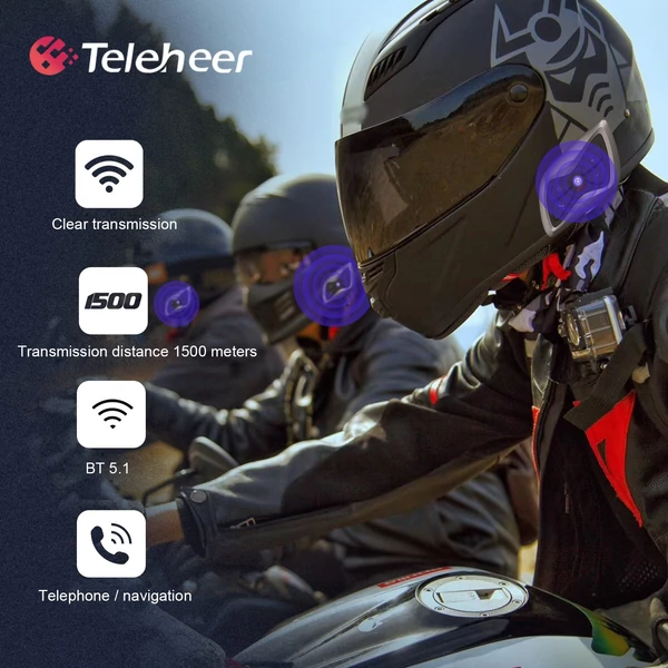 Teleheer T6 Plus motoros sisak Intercom BT5.1 vízálló IP65 kihangosítotó Full Duplex - Fekete, 2 db