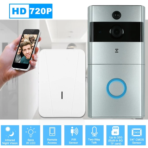 1 * 720P WiFi vizuális kaputelefon + 1 * vezeték nélküli csengő * Ezüst