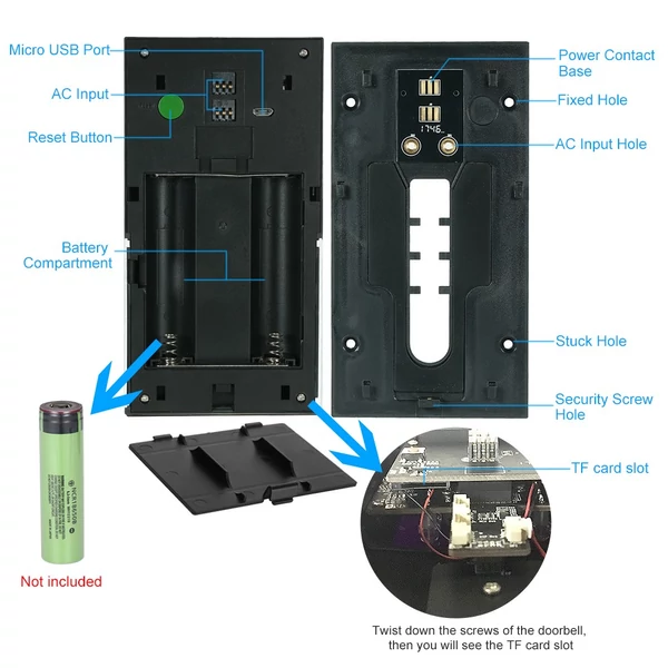 1 * 720P WiFi vizuális kaputelefon + 1 * vezeték nélküli csengő - Fekete