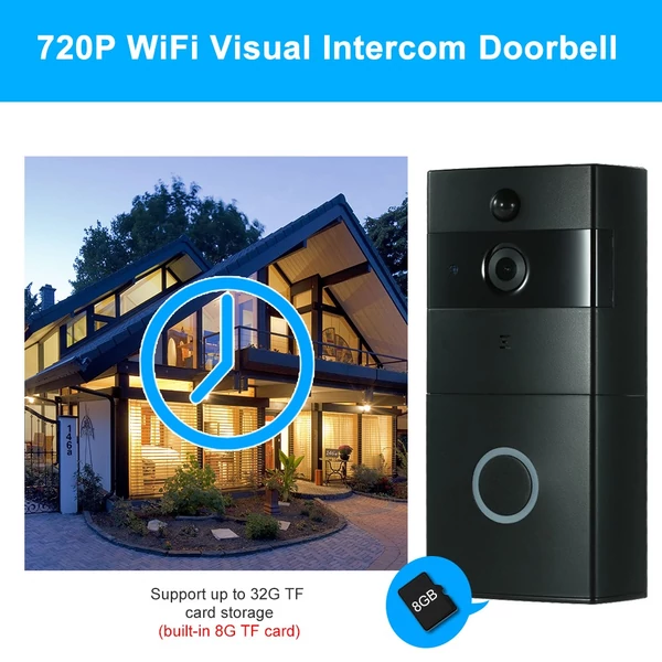 1 * 720P WiFi vizuális kaputelefon + 1 * vezeték nélküli csengő - Fekete