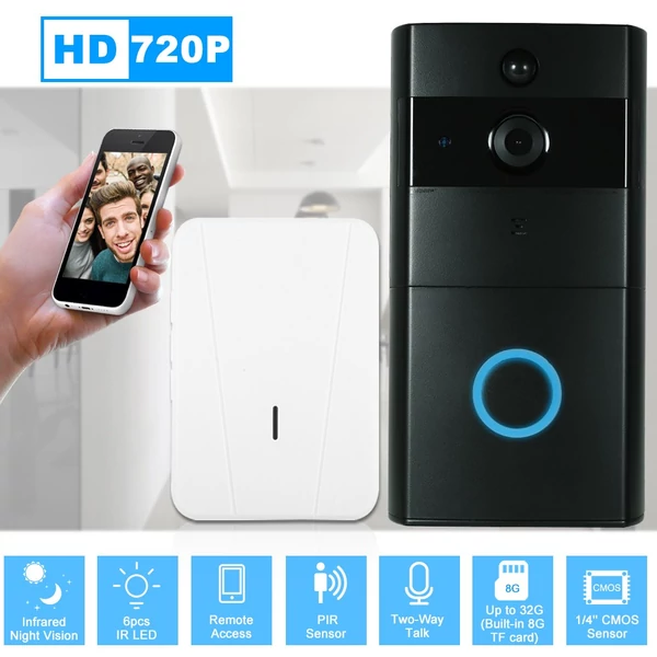 1 * 720P WiFi vizuális kaputelefon + 1 * vezeték nélküli csengő - Fekete