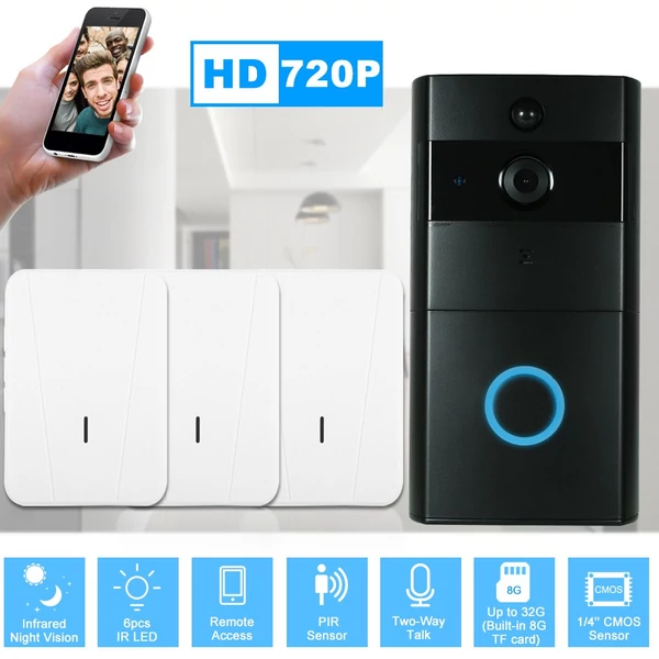 1 * 720P WiFi vizuális kaputelefon + 3 * vezeték nélküli csengő - Fekete