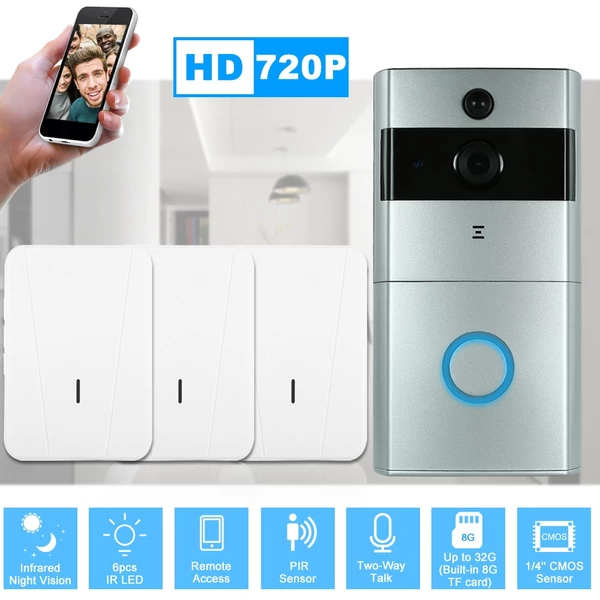 1 * 720P WiFi vizuális kaputelefon + 3 * vezeték nélküli csengő - Ezüst