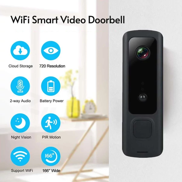 Vezetéknélküli video ajtó csengő 720P vizuális valós idejű intercom Wi-Fi - Fekete