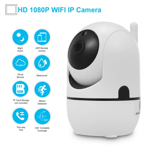 360 fokos 1080P vezeték nélküli WiFi kamera hangos kaputelefonnal, mozgásérzékeléssel, éjszakai látással, TF kártya tárolóhellyel - Fekete, 32 GB TF kártyával