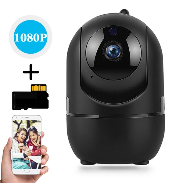 360 fokos 1080P vezeték nélküli WiFi kamera hangos kaputelefonnal, mozgásérzékeléssel, éjszakai látással, TF kártya tárolóhellyel - Fekete, 32 GB TF kártyával