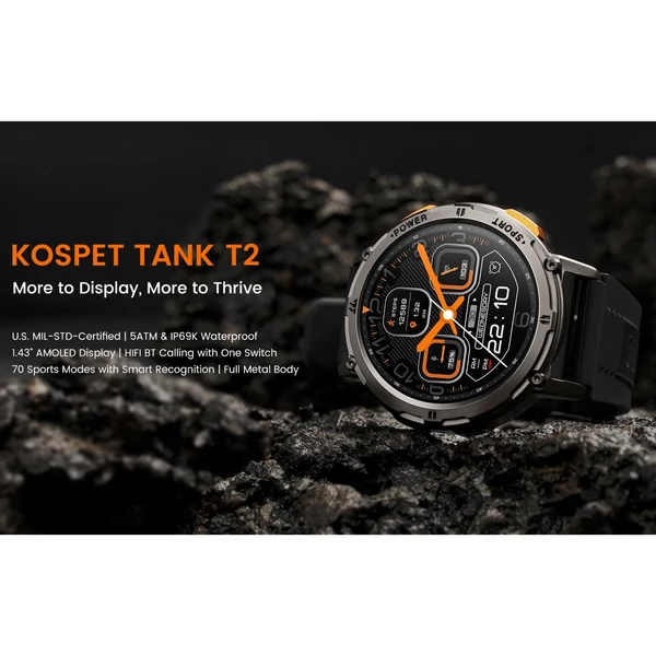 KOSPET TANK T2 1,43 hüvelykes AMOLED teljes érintőképernyős, intelligens karkötős sportóra Fitness követés - Fekete