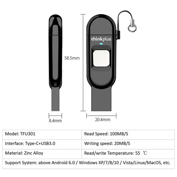 Lenovo thinkplus TFU301 C típusú flash meghajtó + USB 3.0 ujjlenyomat titkosítás – 128 GB