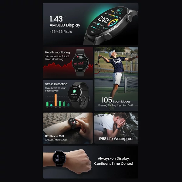 HAYLOU RT3 1,43 hüvelykes okosóra HD színes érintőképernyő BT Fitness Tracker IP68 Vízálló 105 többféle sportolási mód - Fekete