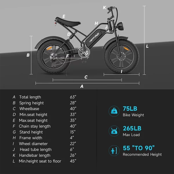 HAPPYRUN G50 E-bike 750W kefe nélküli motor 20*4,0'' vastag gumi elektromos hegyikerékpár - Fekete